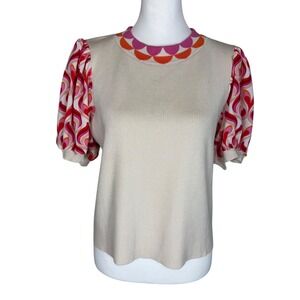 VOY Retro Puff Sleeve Ribbed Knit Top Cream Pink Orange Swirl Womens Large